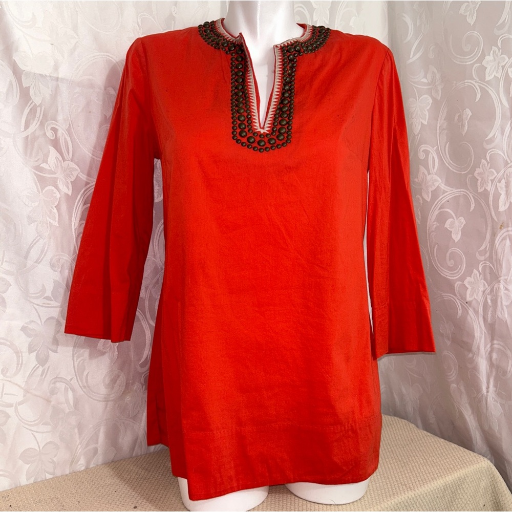 Anne Klein Bright Orange Embroidered Studded Boho Spilt Hem Long Sleeve Top
